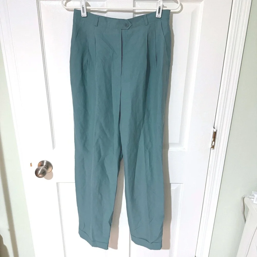 Lauren Ralph Lauren Silk Linen Pleated Trousers Teal Blue Petite 10P High Rise